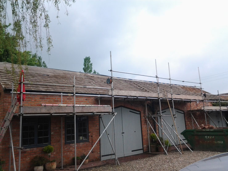 Scaffolding around a re-roofing project